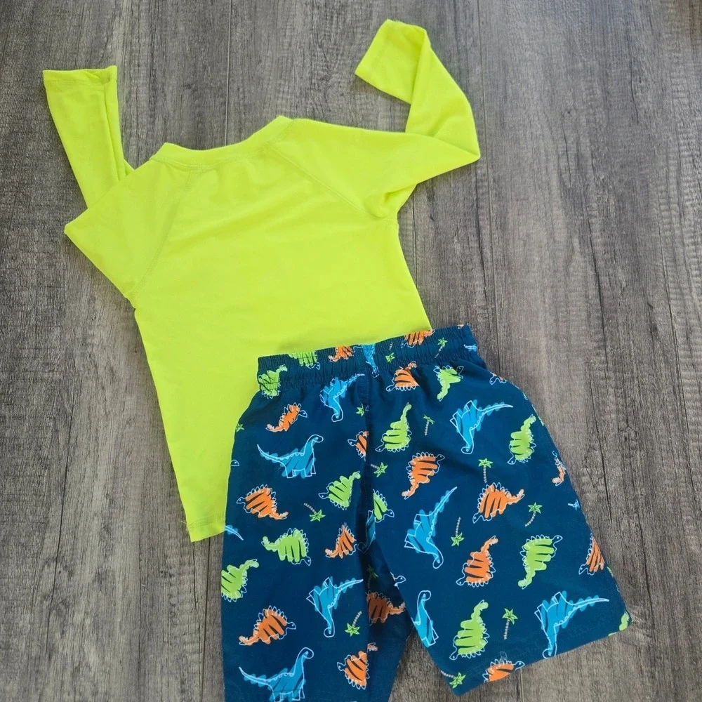 Floatimini‎ Kids Dinosaur Rash Guard and Swim Trunks Set Neon Yellow Navy Size 5